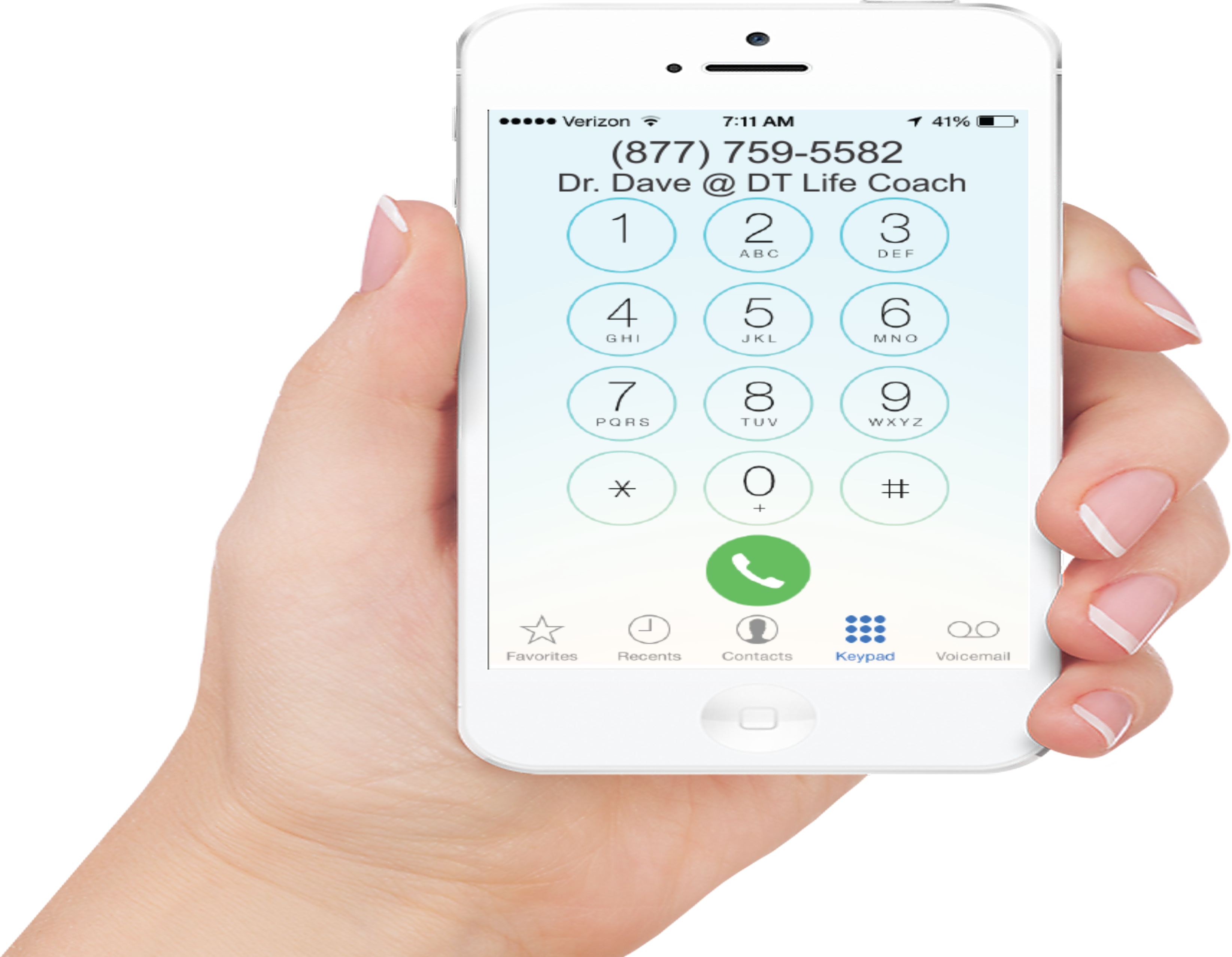 white iPhone in female hand with DT Life Coach number dialed