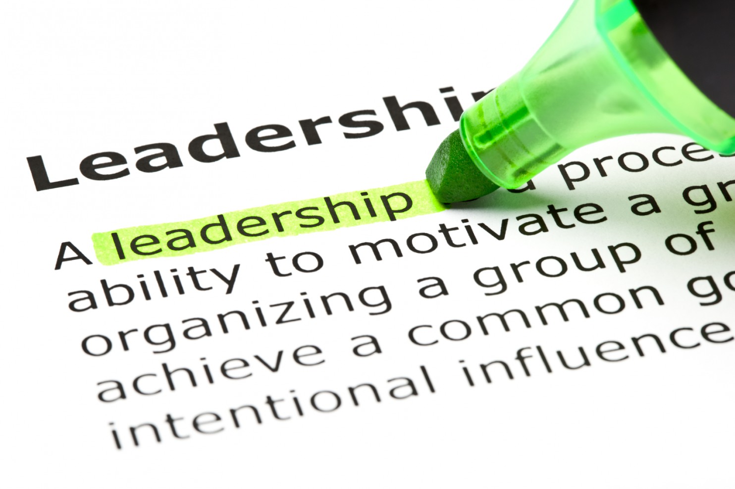 The word 'Leadership' highlighted in green with felt tip pen